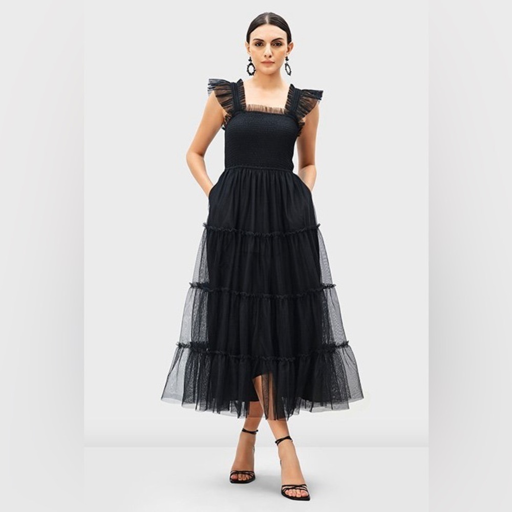NWT black whimsical, smocked, ruffled tiered, beautiful, elegant dress